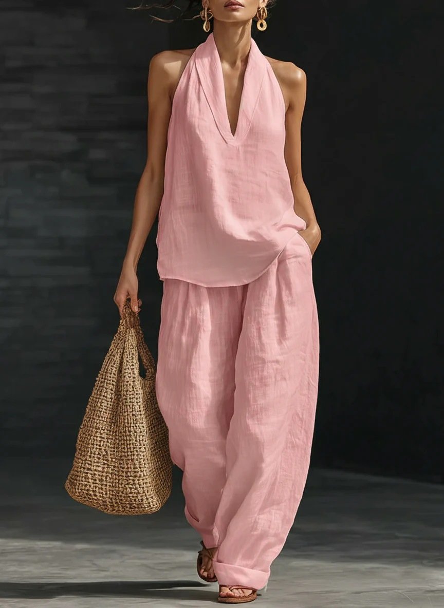 Women's Casual Halter Top & Wide-Leg Pants Set– Halter Top & Wide Leg Pants for Beach & Brunch