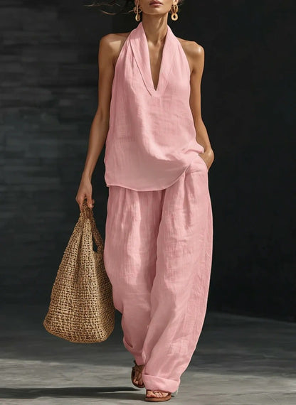 Women's Casual Halter Top & Wide-Leg Pants Set– Halter Top & Wide Leg Pants for Beach & Brunch