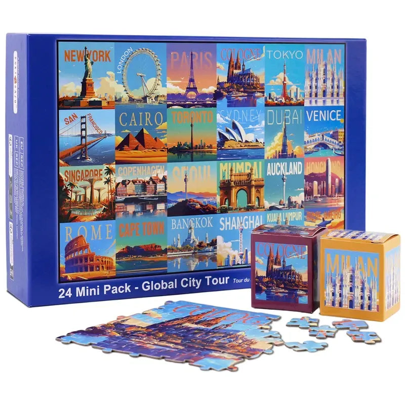 🧩✈️ Travel Series 24 Mini Pack – 1000-Piece Jigsaw Puzzles with 8 Stickers & 3 Travel Themes! 🌍🏞️✨