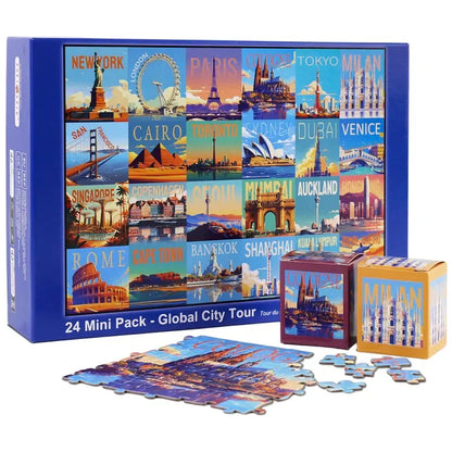 🧩✈️ Travel Series 24 Mini Pack – 1000-Piece Jigsaw Puzzles with 8 Stickers & 3 Travel Themes! 🌍🏞️✨