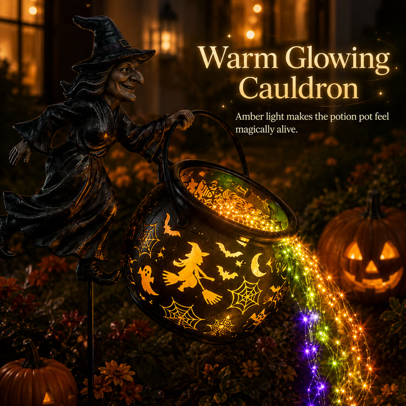 🧙‍♀️✨ Halloween Witch Cauldron Light – Spooky Garden Glow for a Magical Night 🎃🕯️