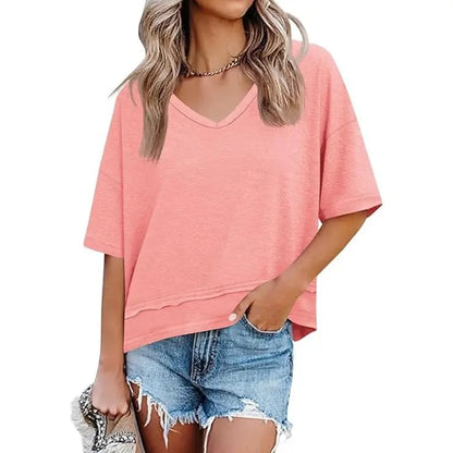 Women's Summer V Neck T Shirts Casual Short Sleeve Flowy Tops Cute Loose Fit Basic Tees Premium Blend Fabric Flattering V Neckline