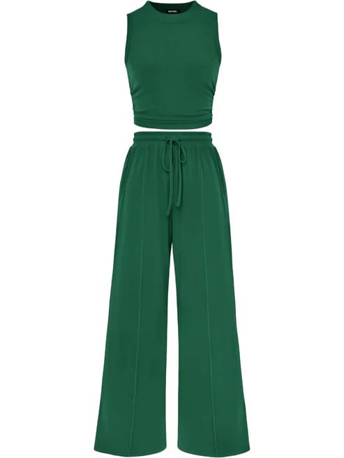 🔥Women Sleeveless Cropped Top Elastic Waist Wide Leg Pants 2 Piece Set