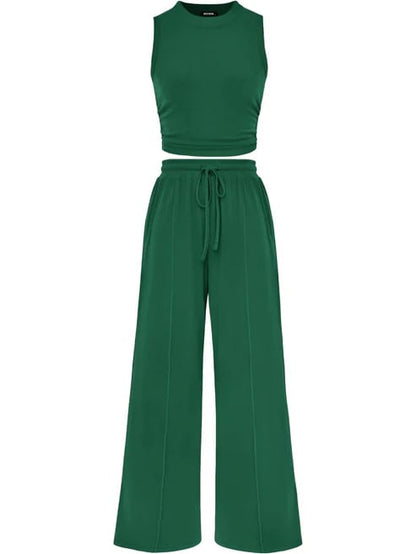 🔥Women Sleeveless Cropped Top Elastic Waist Wide Leg Pants 2 Piece Set