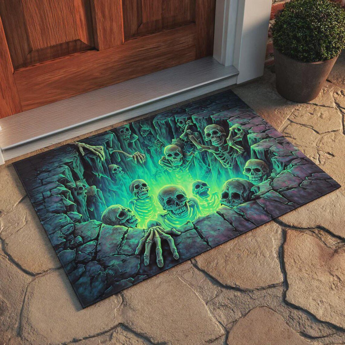 💀3D Illusion Skull Pit Mat – Halloween Area Rug with Skeleton Crawling Out of a Hole