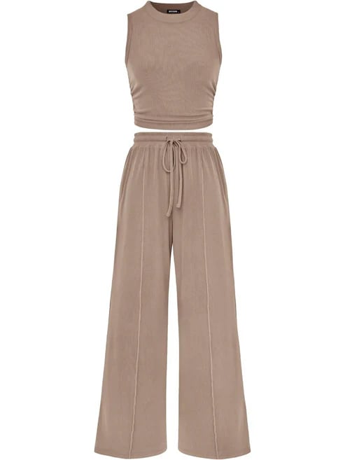 🔥Women Sleeveless Cropped Top Elastic Waist Wide Leg Pants 2 Piece Set