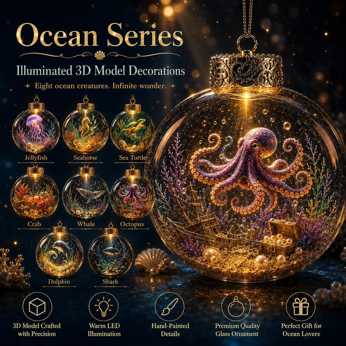 🌊 Ocean Series Illuminated 3D Model Decoration Collection | Clear Display Ornament with Detailed Sea Creatures, Coral, Shell & Pearl-Style Accents ✨