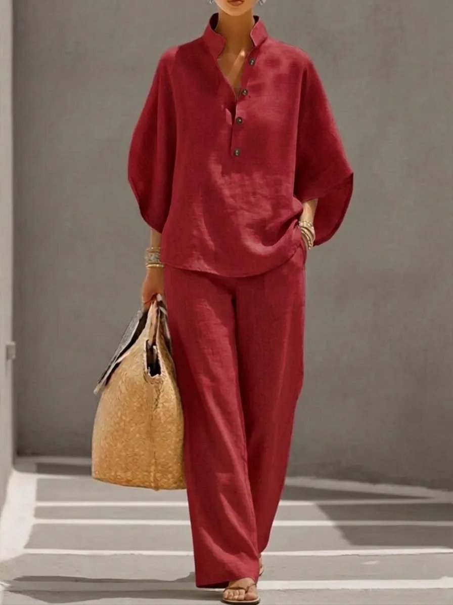 🔥 49% OFF🔥Women's Batwing Sleeve Linen Cotton Two-Piece Set – Casual Shirt & Wide Leg Pants Outfit