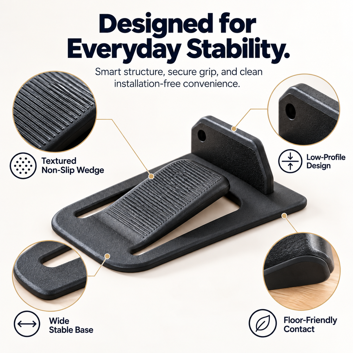 GripLock™ No-Drill Door Stopper — Low-Profile Repositionable Interior Door Holder