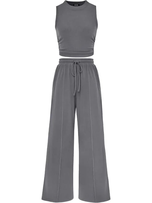 🔥Women Sleeveless Cropped Top Elastic Waist Wide Leg Pants 2 Piece Set
