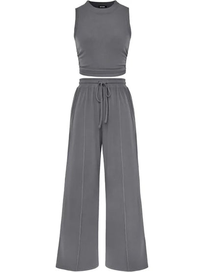 🔥Women Sleeveless Cropped Top Elastic Waist Wide Leg Pants 2 Piece Set