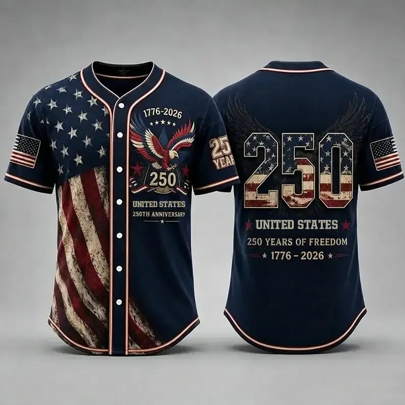 🦅 Patriotic USA All-Over Print Baseball Jersey — America 250th Semiquincentennial Edition (1776–2026) 🇺🇸