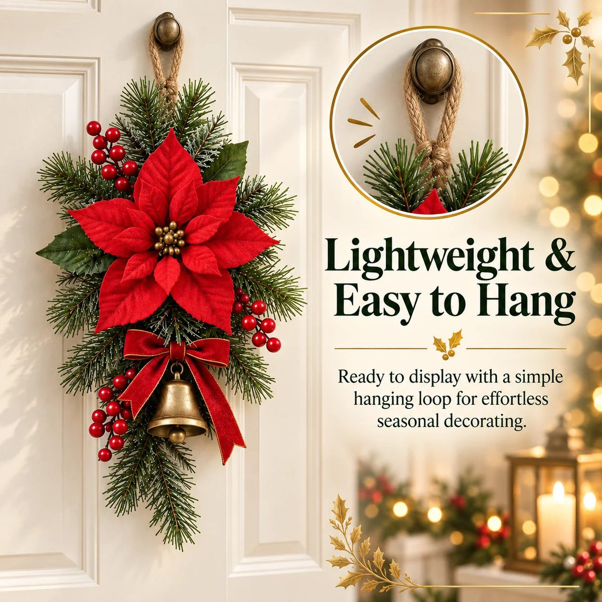 💯 🎄 Classic Red Poinsettia Christmas Door Swag ❤️ – Festive Holiday Floral Wreath Decor for Front Door & Home