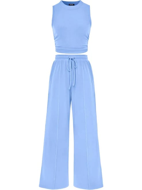🔥Women Sleeveless Cropped Top Elastic Waist Wide Leg Pants 2 Piece Set