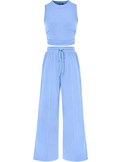 🔥Women Sleeveless Cropped Top Elastic Waist Wide Leg Pants 2 Piece Set