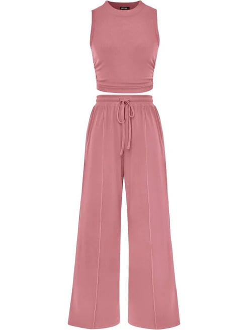🔥Women Sleeveless Cropped Top Elastic Waist Wide Leg Pants 2 Piece Set