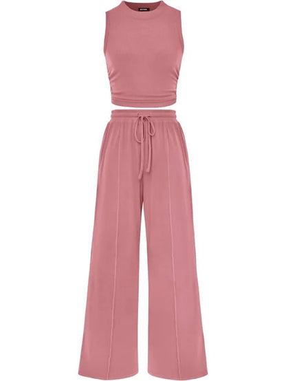 🔥Women Sleeveless Cropped Top Elastic Waist Wide Leg Pants 2 Piece Set