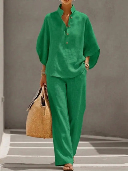 🔥 49% OFF🔥Women's Batwing Sleeve Linen Cotton Two-Piece Set – Casual Shirt & Wide Leg Pants Outfit