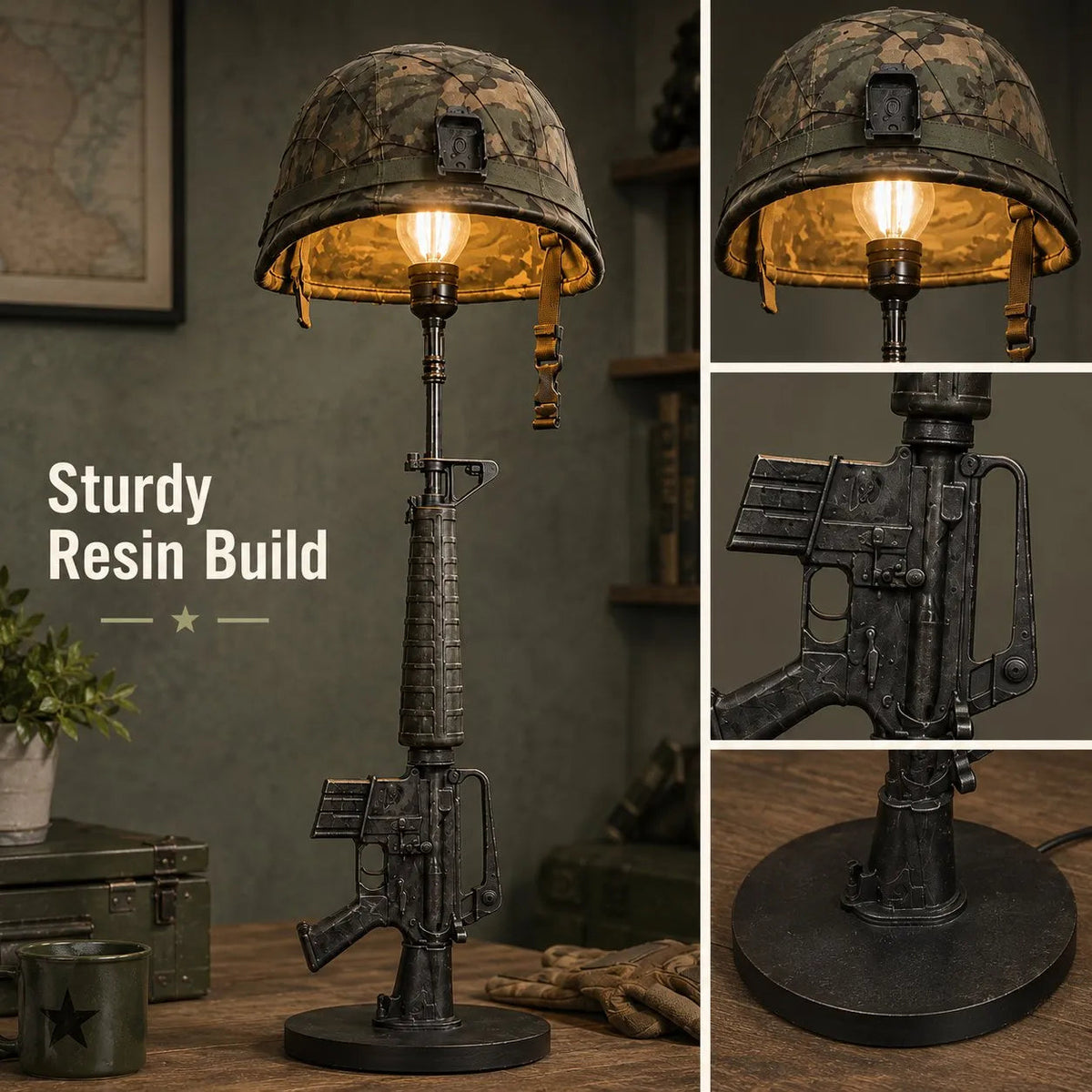 🪖 Tactical Rifle & Helmet Table Lamp💡| ⚡Trigger Switch Military-Style Decor🔥