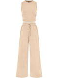 🔥Women Sleeveless Cropped Top Elastic Waist Wide Leg Pants 2 Piece Set