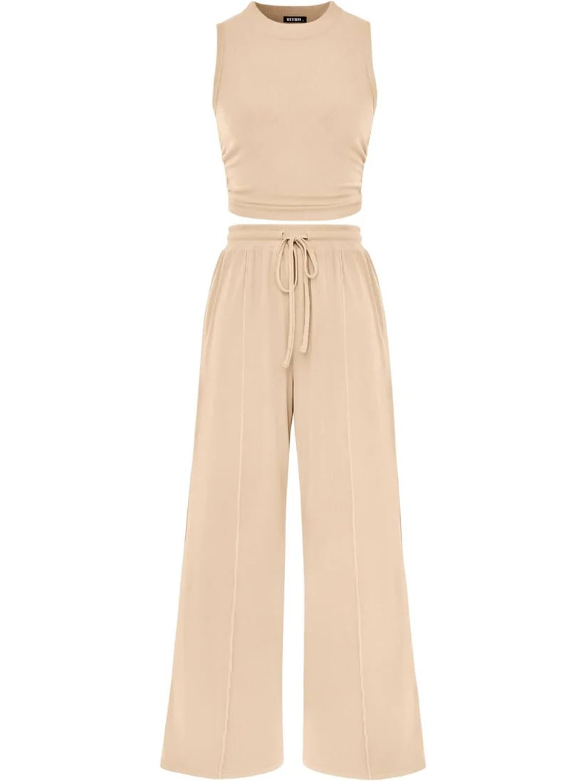 🔥Women Sleeveless Cropped Top Elastic Waist Wide Leg Pants 2 Piece Set