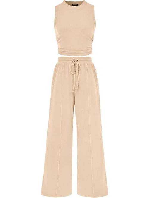 🔥Women Sleeveless Cropped Top Elastic Waist Wide Leg Pants 2 Piece Set