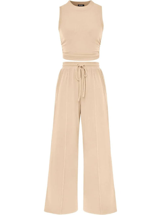 🔥Women Sleeveless Cropped Top Elastic Waist Wide Leg Pants 2 Piece Set
