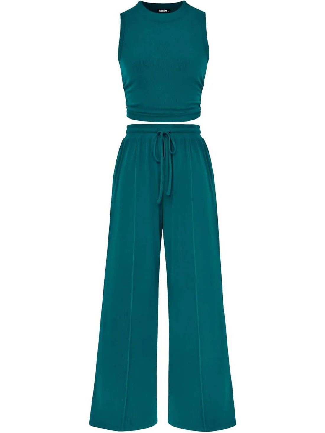 🔥Women Sleeveless Cropped Top Elastic Waist Wide Leg Pants 2 Piece Set