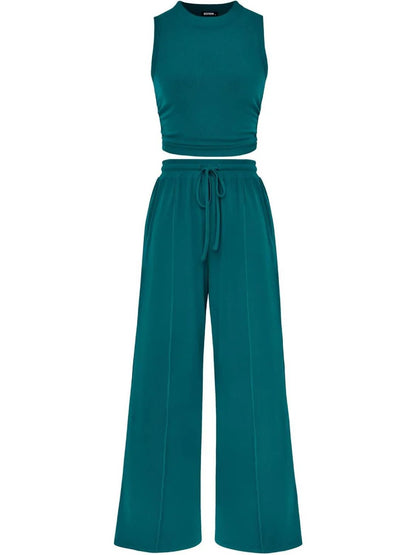 🔥Women Sleeveless Cropped Top Elastic Waist Wide Leg Pants 2 Piece Set