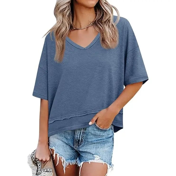 Women's Summer V Neck T Shirts Casual Short Sleeve Flowy Tops Cute Loose Fit Basic Tees Premium Blend Fabric Flattering V Neckline