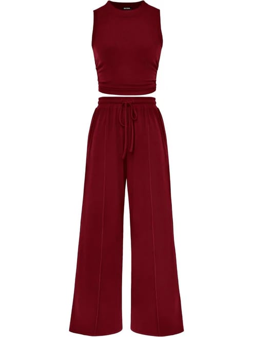 🔥Women Sleeveless Cropped Top Elastic Waist Wide Leg Pants 2 Piece Set