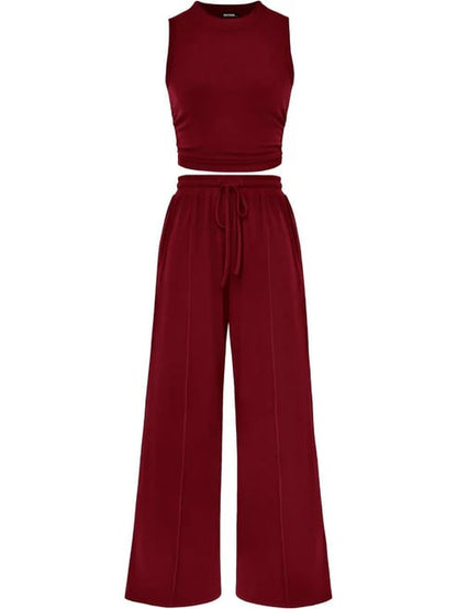 🔥Women Sleeveless Cropped Top Elastic Waist Wide Leg Pants 2 Piece Set