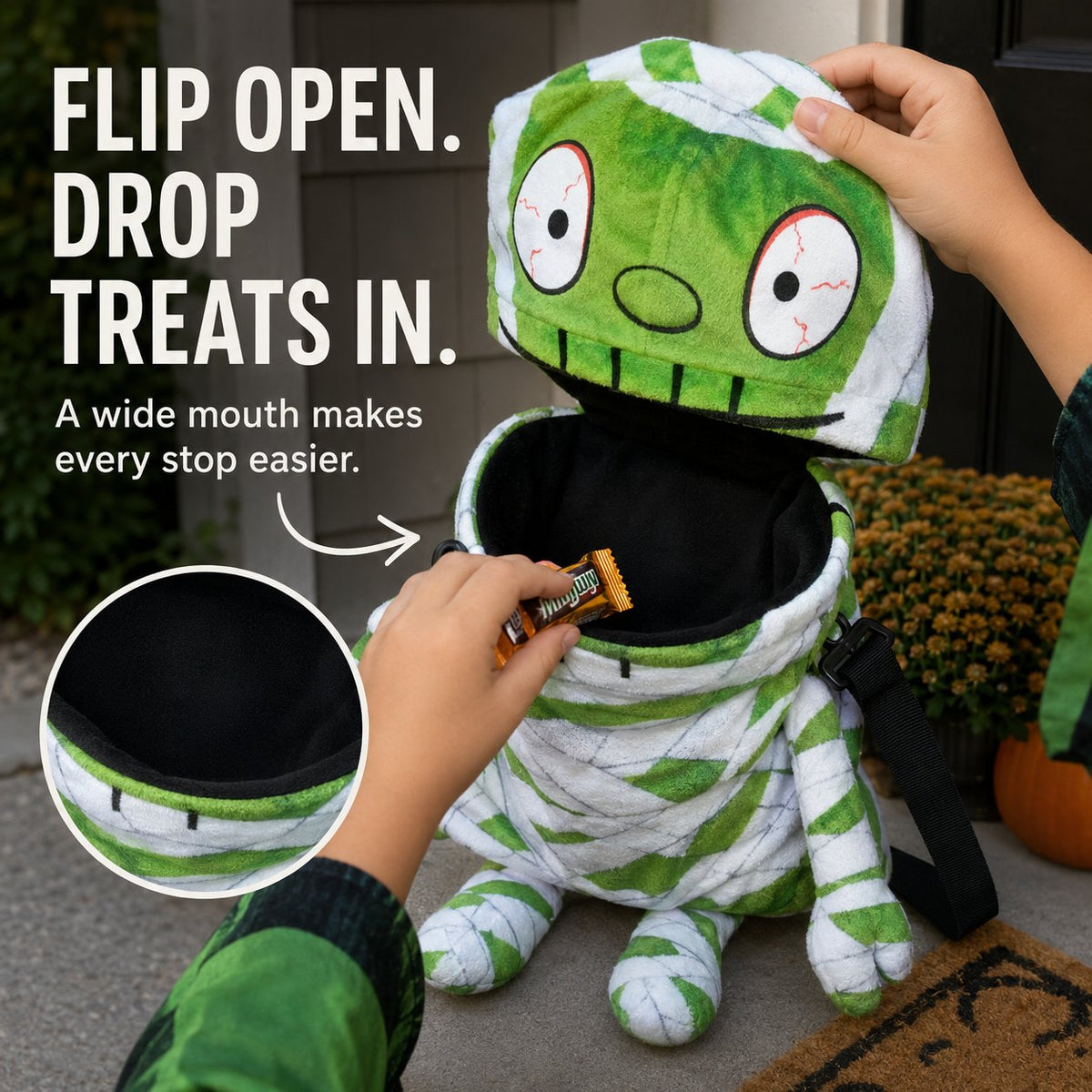 🧟🍬Hands-Free Musical Animated Mummy Children's Halloween Trick or Treat Bag with Wide-Open Mouth