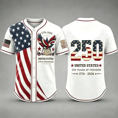 🦅 Patriotic USA All-Over Print Baseball Jersey — America 250th Semiquincentennial Edition (1776–2026) 🇺🇸