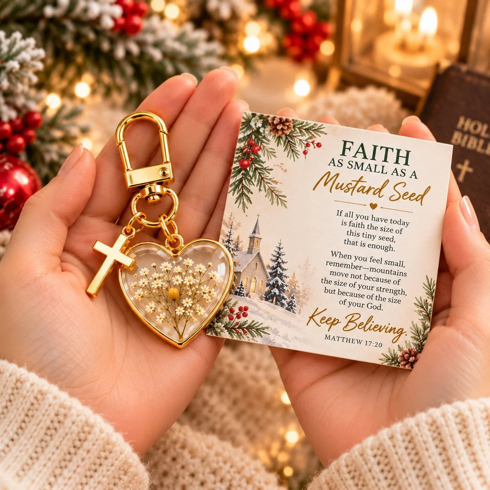 Heart-shaped mustard seed keychain with floral detail and faith encouragement card
