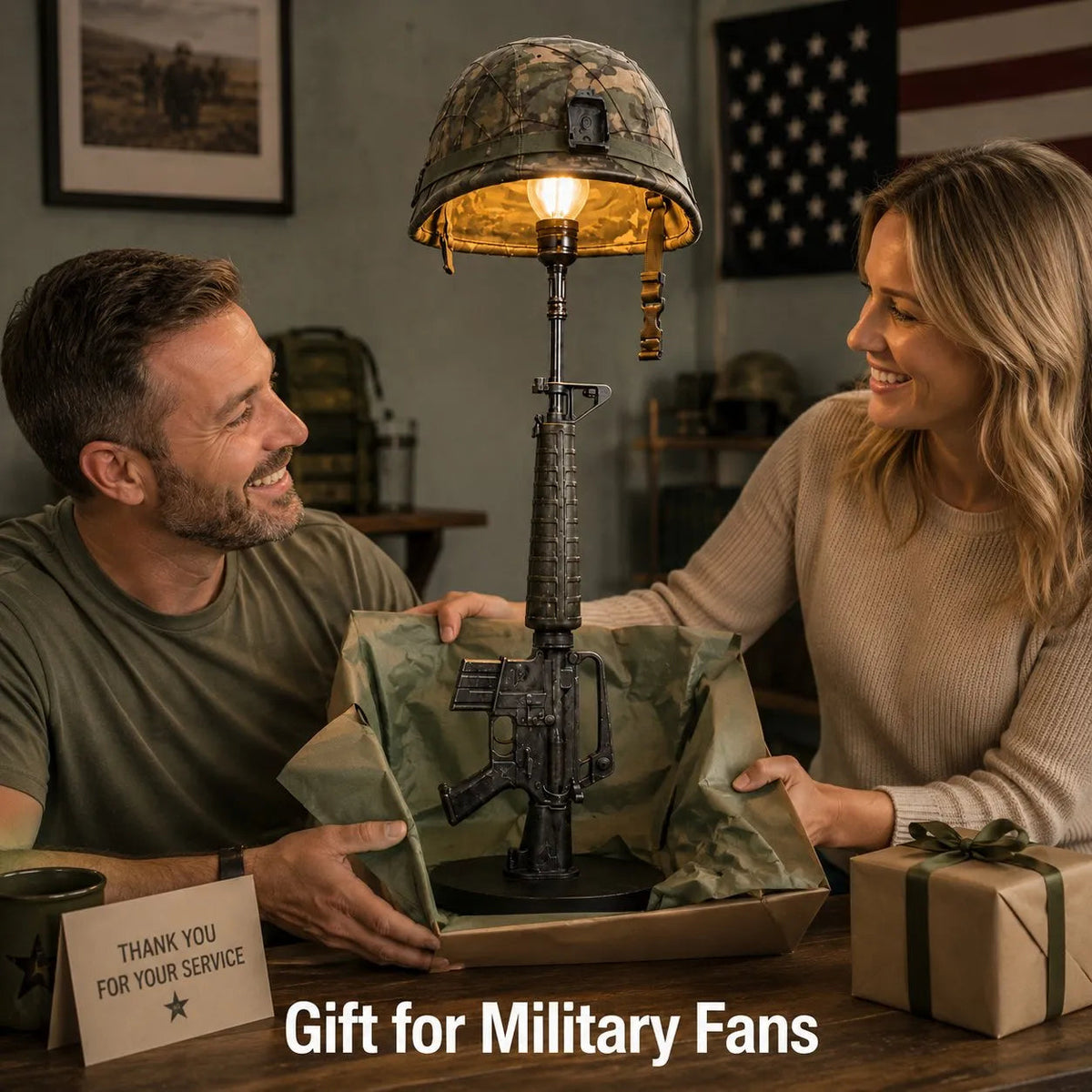 🪖 Tactical Rifle & Helmet Table Lamp💡| ⚡Trigger Switch Military-Style Decor🔥