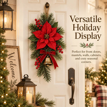 💯 🎄 Classic Red Poinsettia Christmas Door Swag ❤️ – Festive Holiday Floral Wreath Decor for Front Door & Home