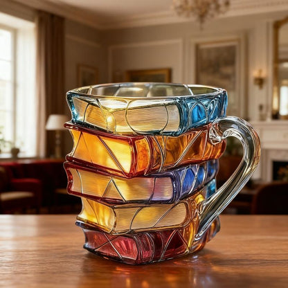 📚☕✨ Hand-Painted 3D Book Stack Glass Mug – Cozy Reader Gift for Book Lovers! 💕📖🌟