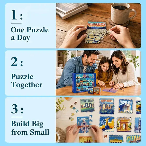 🧩✈️ Travel Series 24 Mini Pack – 1000-Piece Jigsaw Puzzles with 8 Stickers & 3 Travel Themes! 🌍🏞️✨