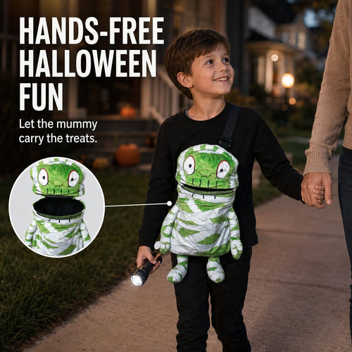 🧟🍬Hands-Free Musical Animated Mummy Children's Halloween Trick or Treat Bag with Wide-Open Mouth