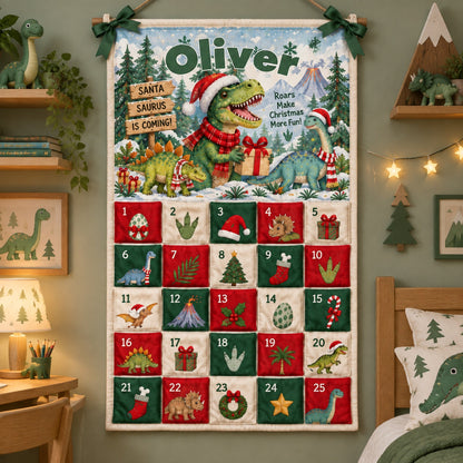 Christmas Dinosaur - Personalized Fabric Advent Calendar - Christmas Gift For Kids, Family Members