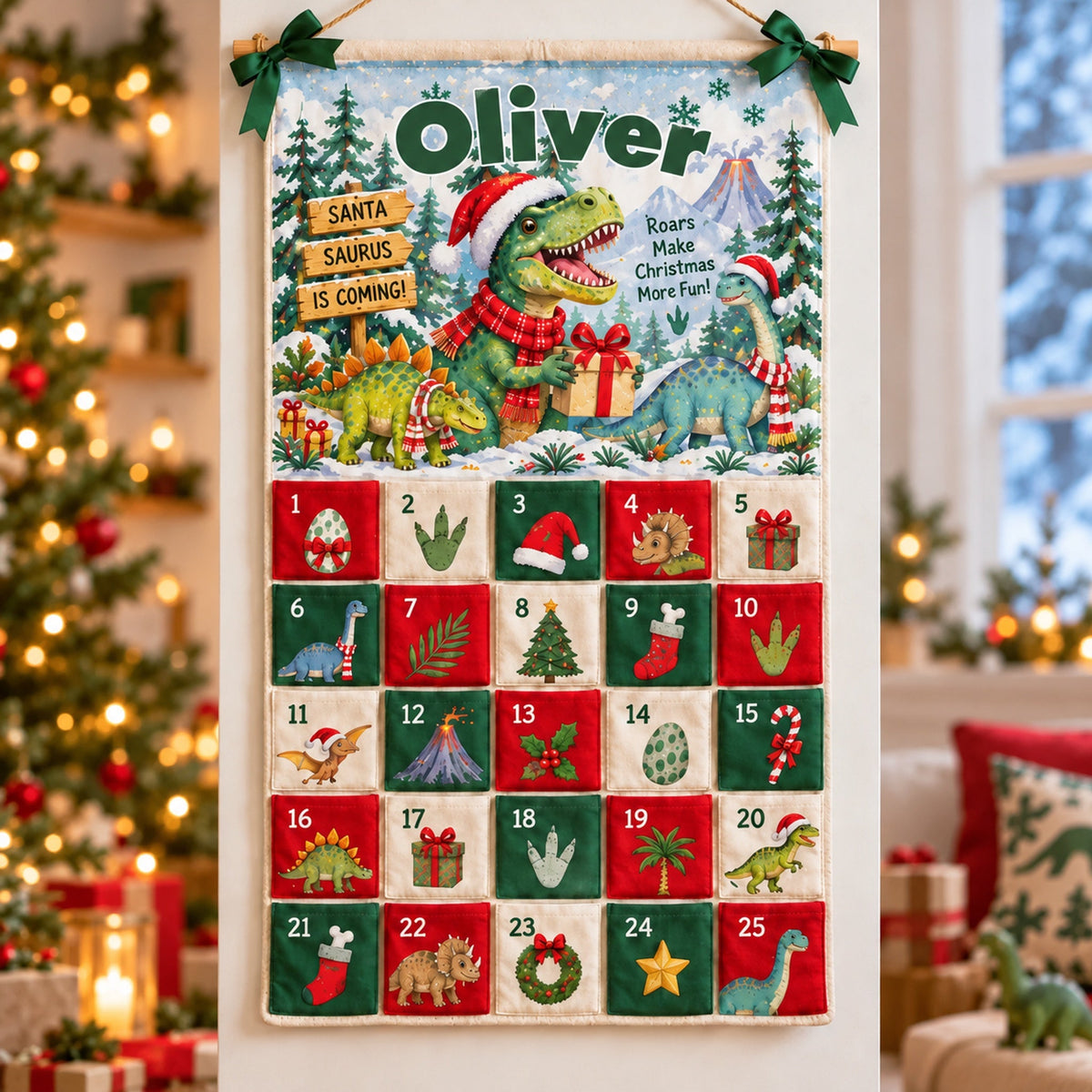 Christmas Dinosaur - Personalized Fabric Advent Calendar - Christmas Gift For Kids, Family Members