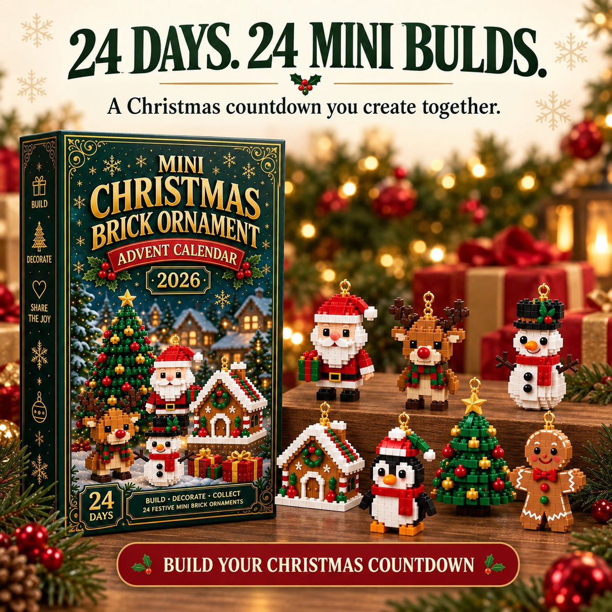 ⏳ Last day to save 50% – 🎄 Mini-Brick Christmas Ornament Advent Calendar | 24 unique festive buildable designs 🧱