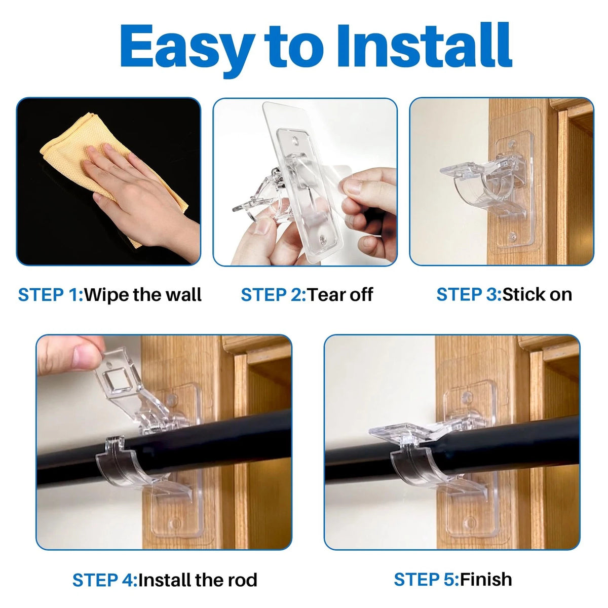 6-Pack No Drill Curtain Rod Holders, Self Adhesive Transparent Brackets for Dorm