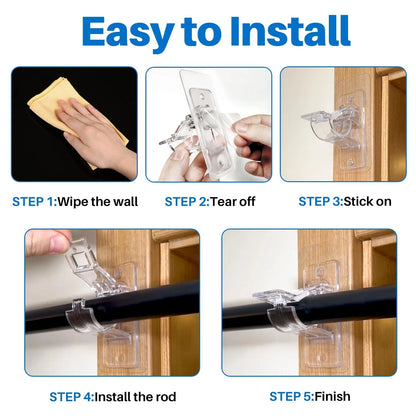 6-Pack No Drill Curtain Rod Holders, Self Adhesive Transparent Brackets for Dorm