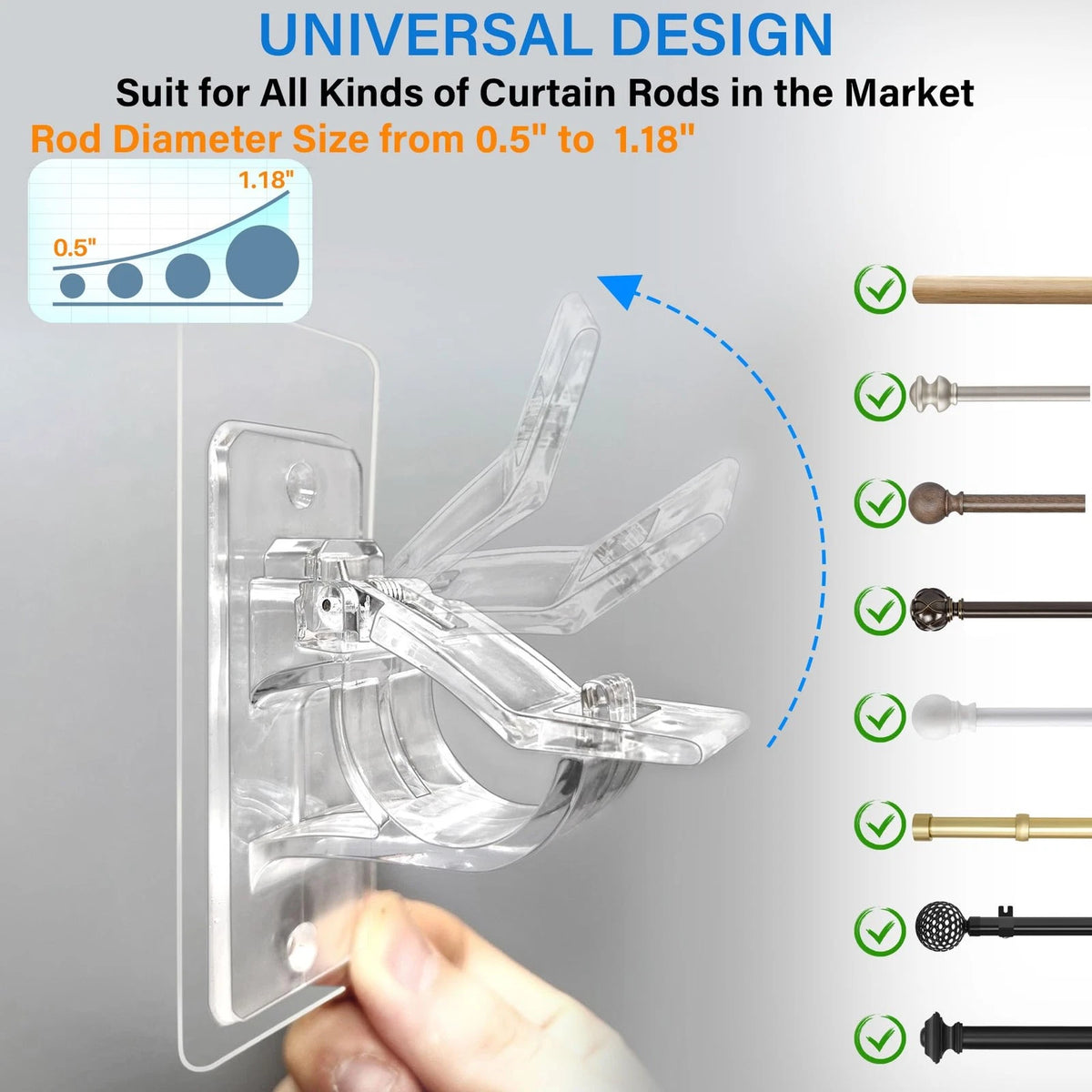 6-Pack No Drill Curtain Rod Holders, Self Adhesive Transparent Brackets for Dorm