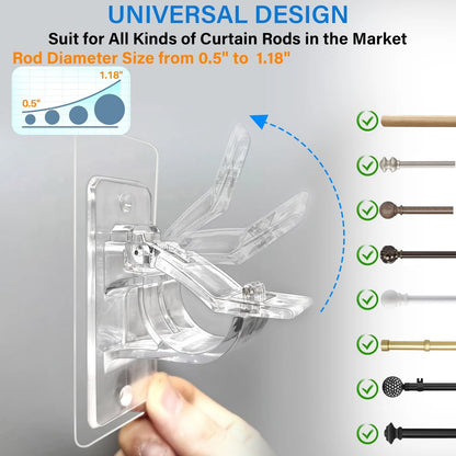 6-Pack No Drill Curtain Rod Holders, Self Adhesive Transparent Brackets for Dorm