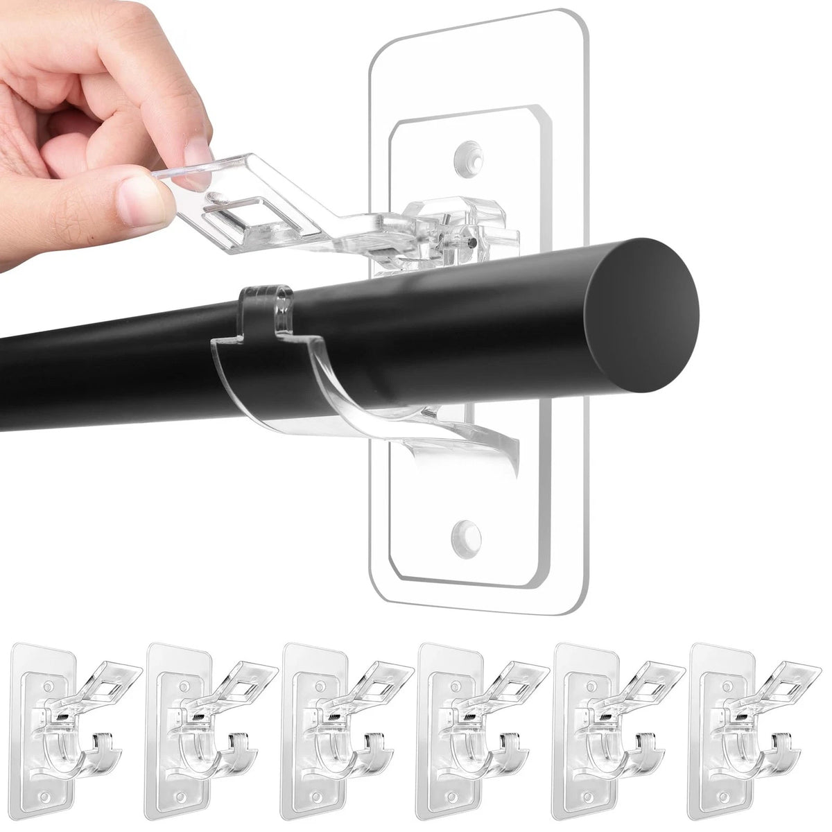 6-Pack No Drill Curtain Rod Holders, Self Adhesive Transparent Brackets for Dorm