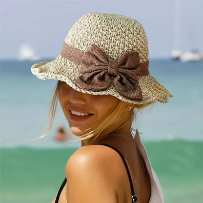 Straw Hat with Retro Bow – Foldable & Breathable for Summer!